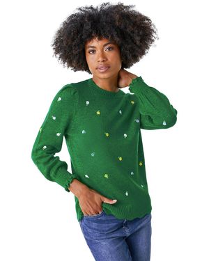 Roman Floral Embroidered Scallop Hem Jumper - Green