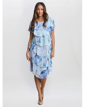 Gina Bacconi Rosanna Printed Tiered Dress With Shoulder Embellishment - Blue
