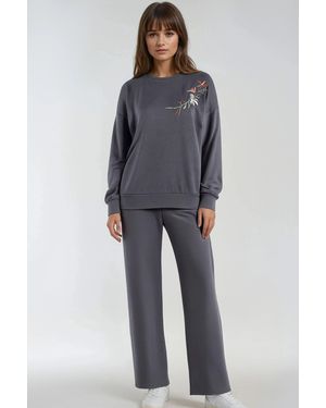 Hiccup Embroidered Crew Neck Sweatshirt & Straight Leg Trousers Two-Piece Set - Blue