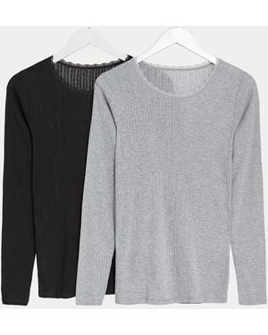 Marks & Spencer M&S Pack Of 2 Thermal Pointelle Long Sleeve Tops - Grey