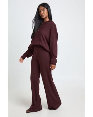 Boohoo Hooded Top And Wide Leg Trouser Knitted Co-Ord - Red