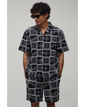 BoohooMAN Embroidered Tile Oversized Shirt & Relaxed Short Set - Black