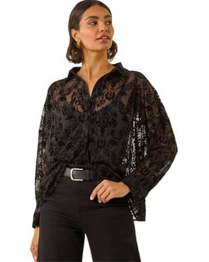 Roman Textured Floral V-Neck Top - Black