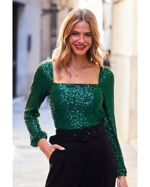 Sosandar Emerald Sequin Square Neck Top Leather - Green