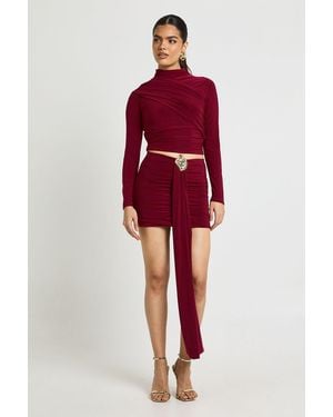 Boohoo Double Layer Slinky Drape Front Trim Mini Skirt - Red