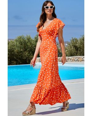 Sosandar Spot Print Ruffle Detail Maxi Dress - Blue