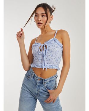 Pink Vanilla Ditsy Floral Cut Out Strappy Crop Top - Blue