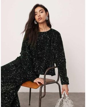 ASOS Velvet Allover Sequin Long Sleeve Slouchy Top Co-Ord - Black