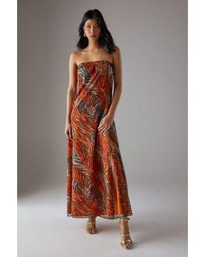 Warehouse Yoryu Chiffon Elasticated Back Bandeau Maxi Dress - Brown