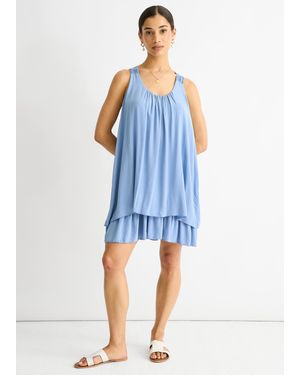 Gini London Denim Crochet Panel Double Layer Cotton Mini Dress - Blue