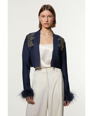 Karen Millen Figure Form Bandage Embellished Feather Cuff Crop Knit Jacket - Blue