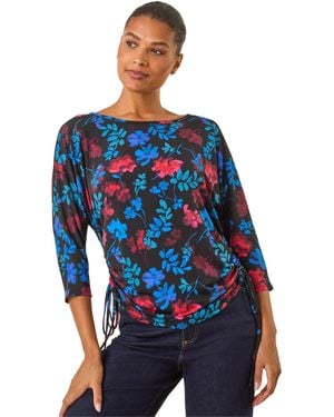 Roman Floral Print Tie Detail Stretch Top - Blue