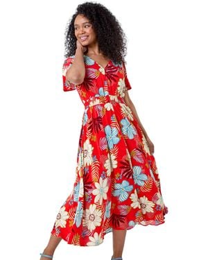 Roman Petite Floral Print Shirred Midi Dress