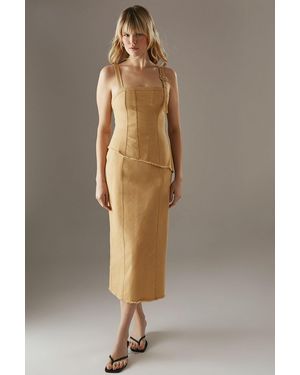 Warehouse Buckle Detail Raw Edge Seamed Midi Dress - Natural