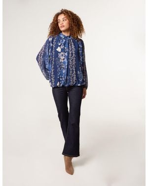 Blue Vanilla High Neck Puffball Floral Blouse - Blue