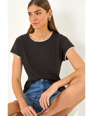 Roman Stitch Detail Ribbed Top - Black