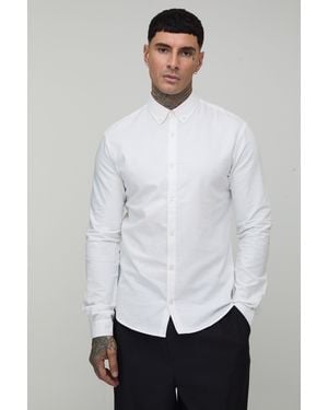 BoohooMAN Tall Slim Fit Button Down Collar Oxford Long Sleeve Shirt - White