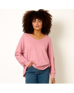 Blue Vanilla Loop Back Sweat Bow Sleeve Raw Edge V Neck Top - Pink