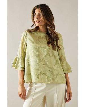Wallis Jacquard Frill Sleeve Top - Green