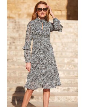 Sosandar Leopard Print Fit & Flare Ruffle Dress - Blue