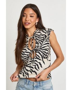 Boohoo Zebra Print Tie Key Hole High Neck Top - White