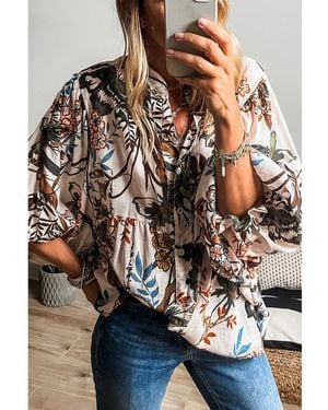 Azura Exchange Floral Print Balloon Sleeves Button Up Loose Casual Shirt - Black