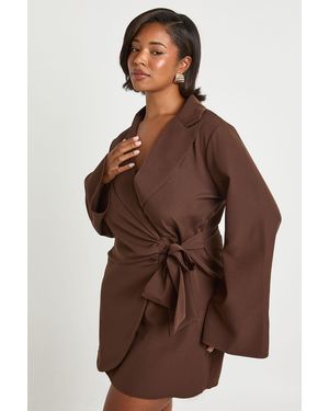 Boohoo Plus Tie Waist Tailored Blazer Dress - Brown