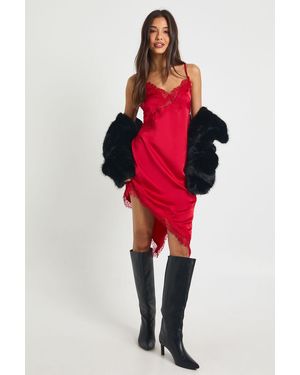 Boohoo Lace Asymmetric Satin Slip Dress - Red