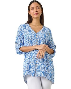 Roman Floral Printed Button Detail Top - Blue