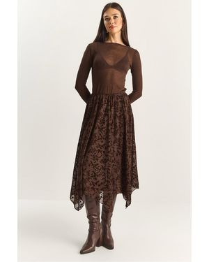 Bianco Lucci High Waist Asymmetric Midi Skirt - Brown