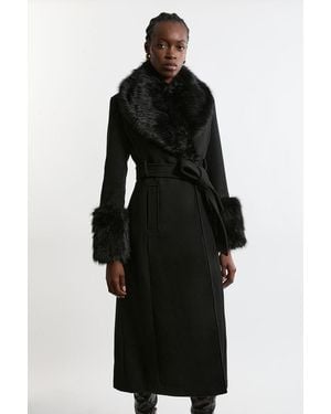 Karen Millen Wool Blend Detachable Faux Fur Belted Midi Coat - Black