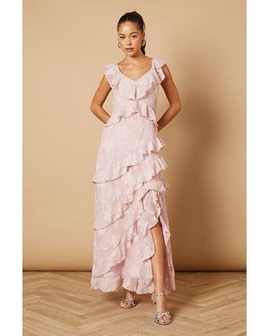 Oasis Ruffle Jacquard Print Maxi Dress - Brown