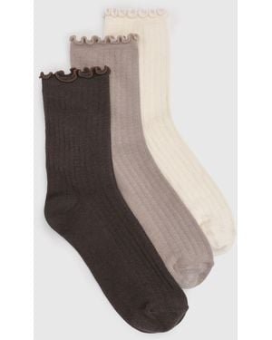 Boohoo Ribbed Frilled Trim Socks 3 Pack - Natural