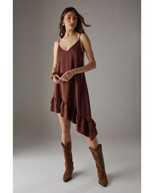 Warehouse Satin Asymmetric Ruffle Mini Strappy Dress - Brown