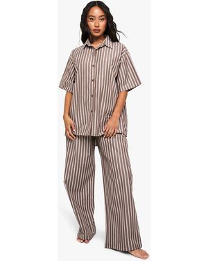 Boohoo Cotton Tonal Stripe Pyjama Trouser - Brown