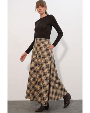 Bigdart High-Waist Plaid Maxi A-Line Skirt - Brown