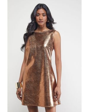 Warehouse Metallic Faux Reptile Leather Sleeveless Mini Dress - Brown