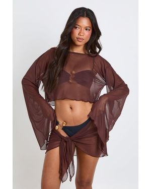 Boohoo Sheer Mesh Beach Asym Top And Sarong Co-Ord - Brown