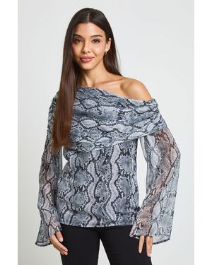 Boohoo Chiffon Snake Bardot Sheer Blouse - Blue