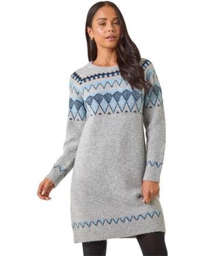 Roman Petite Nordic Pattern Knit Jumper Dress - Blue