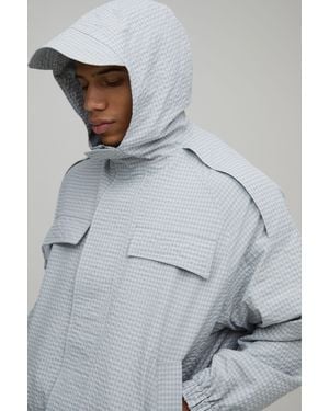 BoohooMAN Oversized Boxy Check Funnel Hood Cagoule - Grey
