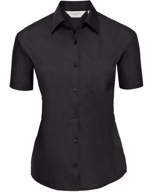 Russell Collection Ladies/ Short Sleeve Poly-Cotton Easy Care Poplin Shirt - Black