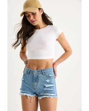 Bianco Lucci Fitted Destroyed Denim Shorts With Pockets - Blue