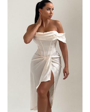 Femme Luxe Off The Shoulder High Split Corset Midi Dress - Natural