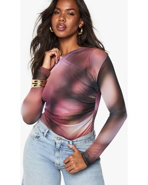 Boohoo Printed Mesh Cross Over Bodysuit - Red
