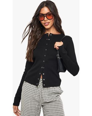 Boohoo Rib Popper Front Long Sleeve Top - Black