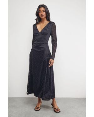 Warehouse Lace V Neck Godet Detail Midi Dress - Blue