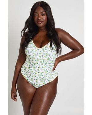 Boohoo Plus Lemon Print Swimsuit - Yellow