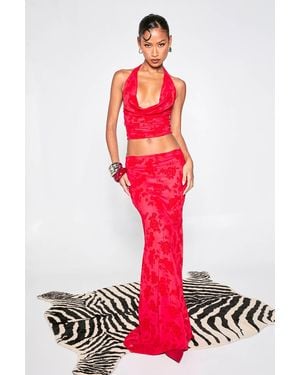 Boohoo Floral Flocked Mesh Maxi Skirt - Red