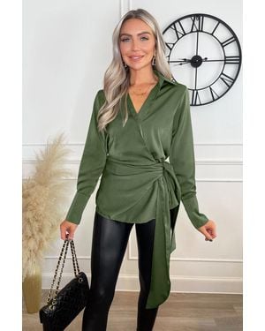 AX Paris Satin Tie Waist Wrap Shirt - Green